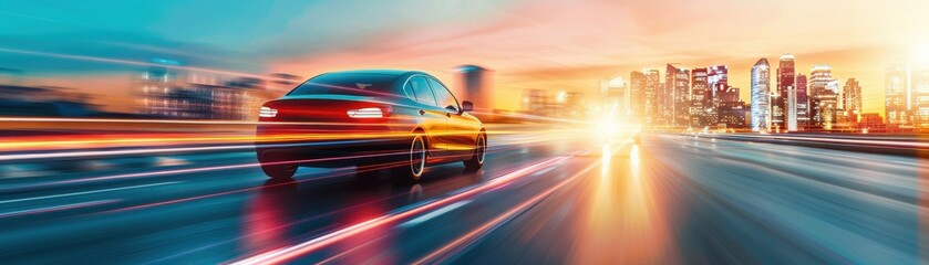 A sleek car speeding along a highway, blending into a vibrant city skyline at dusk, showcasing motion and urban life.