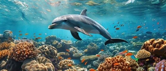 Fototapeta premium A playful dolphin swims gracefully near a vibrant coral reef, showcasing the beauty of summer in the underwater world