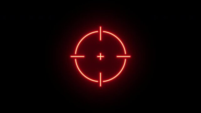 Neon aim cross, target search and aiming animation. Glowing neon target icon, looped animation. Crosshair, gun aim, sniper target, bullseye, precise shoot, hunting, target audience. Green, red colors