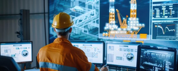 Engineers analyze real-time drilling data on digital monitors, showcasing teamwork and technology in the oil and gas industry