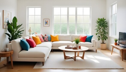 Bright Modern Living Room with Colorful Cushions and White Sofa