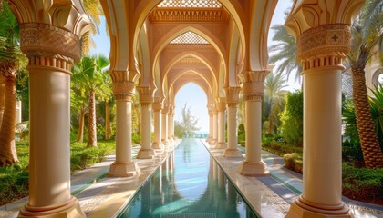 Luxurious resort with arcade arches pool water feature, showcasing classic Arabian exotic tourism