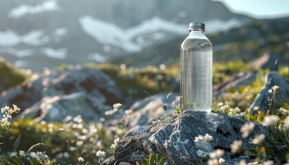 Mineral glass water bottle on a rock with mountain backdrop, showcasing nature and providing ample