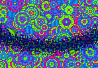 Abstract psychedelic background with circles and lines of various widths in retro optical illusion style.