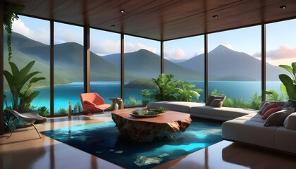 Luxurious Living Room with Panoramic Mountain and Lake Views