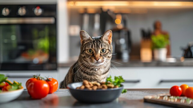Pet food taster with a selection of foods in a modern kitchen with stylish decor and gourmet elements, blank space for text