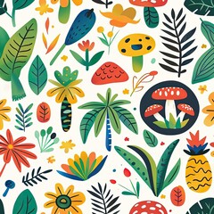 Seamless pattern with playful eco-friendly symbols and plants, bright and cheerful, nature-inspired motifs