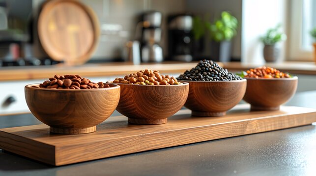 Pet food taster with a variety of bowls in a modern kitchen with stylish decor, blank space for text