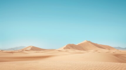 A vast, barren desert landscape with rolling dunes under a clear blue sky