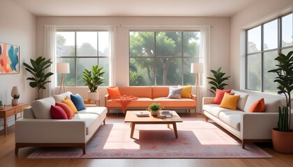 Fototapeta premium Bright and Airy Living Room with Orange Sofa, White Decor, and Large Windows
