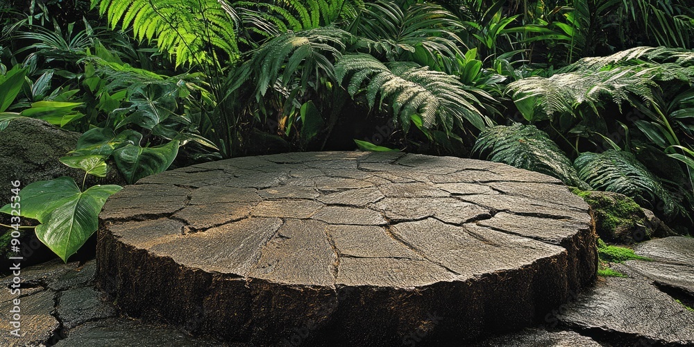 Sticker A weathered tree stump with cracked bark in a lush green jungle environment.