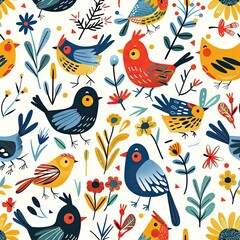 Seamless pattern with eco-friendly icons and playful birds, bright and cheerful, nature motifs, detailed design