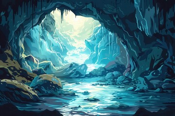 Glowing Blue Cave with Underground River