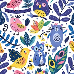 Seamless pattern featuring playful forest creatures and leaves, eco-friendly theme, vibrant and whimsical