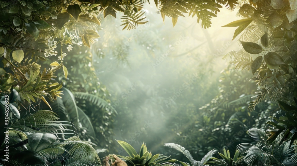 Poster Lush Green Tropical Jungle with Sunbeams.