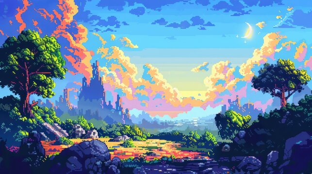 A vibrant, pixelated landscape from a classic 8-bit video game