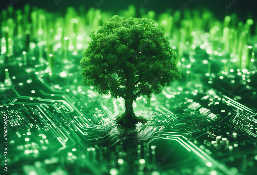 Wall mural tree growing on the converging point of computer circuit board green computing green technology gree