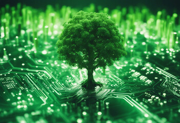 Tree growing on the converging point of computer circuit board Green computing Green technology Gree