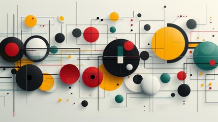 Geometric black and white background with colored circles and lines