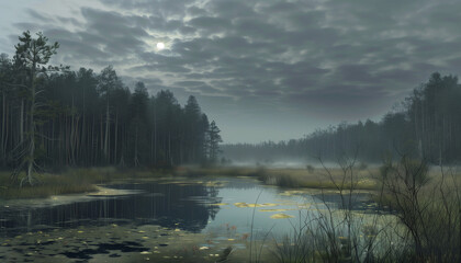 A misty, tranquil marshland at dusk with tall trees and a cloudy sky reflecting on the still water under the full moon.