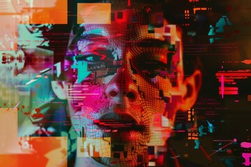 woman face with glitch effects, pixel art, and abstract patterns collage 
