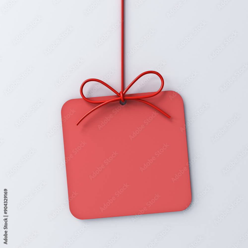 Poster Blank hanging red gift price tag template design or minimal gift box rounded square sign card with red ribbon rope bow isolated on white grey background with shadow creative idea concepts 3D rendering