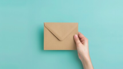Close-Up of Hands Holding a Brown Envelope Against a Blue Background, Symbolizing Mailing and Minimalism
