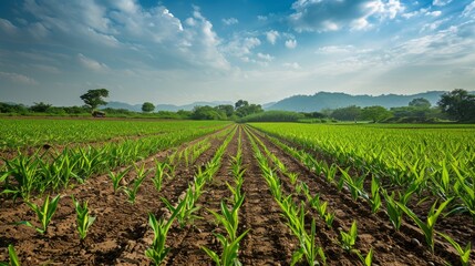 Sugarcane land converted for cultivating another crop under clear sky