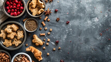 Premium dog treats in a stylish setup with elegant elements and fresh ingredients, blank space for text