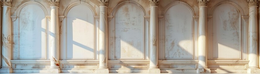 A large, empty room with three pillars and a high ceiling. The room is empty and has no furniture or decorations