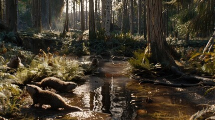 Obraz premium Otters Playing in a Forest Stream.