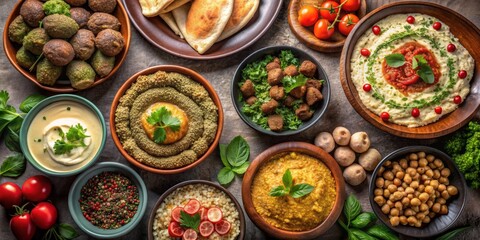 Top View of a Middle Eastern Feast, Hummus, Falafel, Baba Ganoush, couscous , middle eastern, food