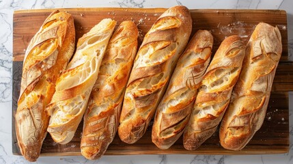 Top view of sliced baguette on wooden plank in a bright kitchen