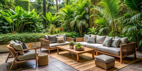 Tropical Patio Design Wooden Furniture and Lush Greenery, Outdoor Design, Patio Ideas, Tropical Garden, Luxury Living