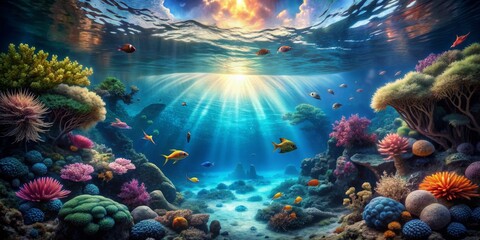 Fototapeta premium Underwater Paradise Sunbeams Illuminate Vibrant Coral Reef, digital painting, underwater scene, coral, fish, ocean, underwater world