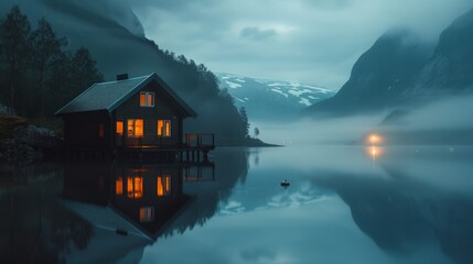 Fototapeta premium cozy cabin on the edge of water