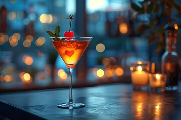 a glass of drink with a cherry and a heart on top.