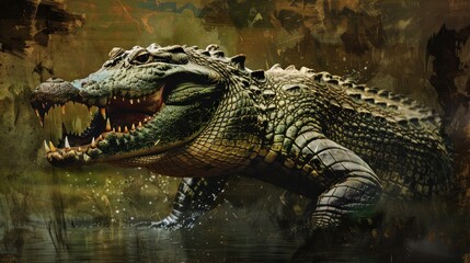 Fototapeta premium Crocodile in murky water with artistic brushstrokes.