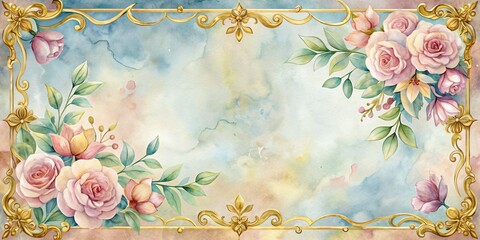 Watercolor Floral Frame with Gold Ornate Border, Watercolor Painting, Floral Design, Vintage Frame, Ornate Detail