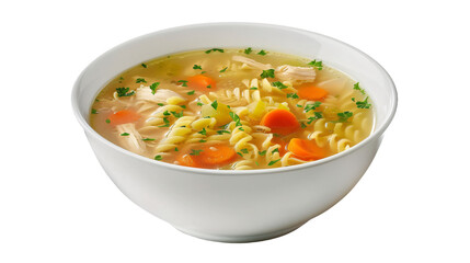 Hot bowl of chicken noodle soup with carrots, noodles, and fragrant herbs on a clear background