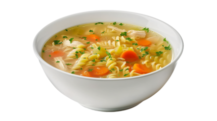 Hot bowl of chicken noodle soup with carrots, noodles, and fragrant herbs on a clear background