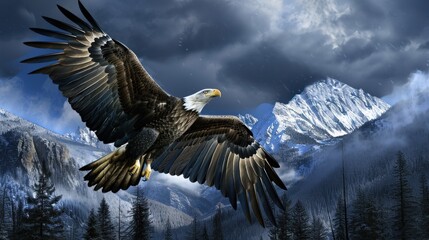 Fototapeta premium Bald Eagle Soaring Above Snowy Mountains.