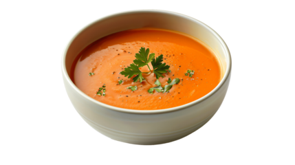 Yummy tomato soup topped with fresh parsley and a sprinkle of black pepper in a bowl