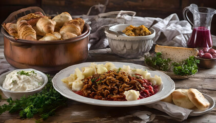 A traditional meal featuring bread rolls, a hearty stew with mashed potatoes, and various side dishes