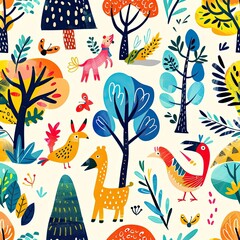 Playful eco-friendly seamless pattern featuring whimsical flowers and leaves in pastel colors, nature-inspired design, detailed and vibrant