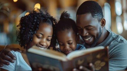 Detailed image of a family reading a devotional book together ultra-clear image
