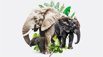 Fototapeta premium Family of elephants surrounded by tropical plants.