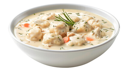 Yummy creamy chicken and dumpling soup topped with fresh herbs served in a white bowl