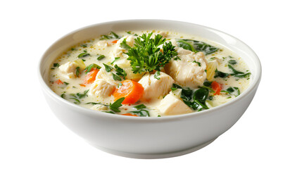 Yummy creamy chicken soup with carrots, spinach, and parsley in a pretty white bowl