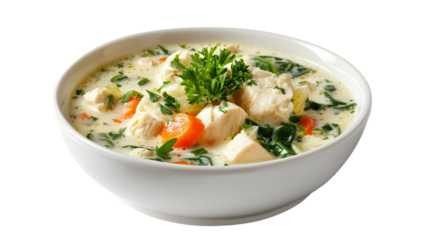 Yummy creamy chicken soup with carrots, spinach, and parsley in a pretty white bowl